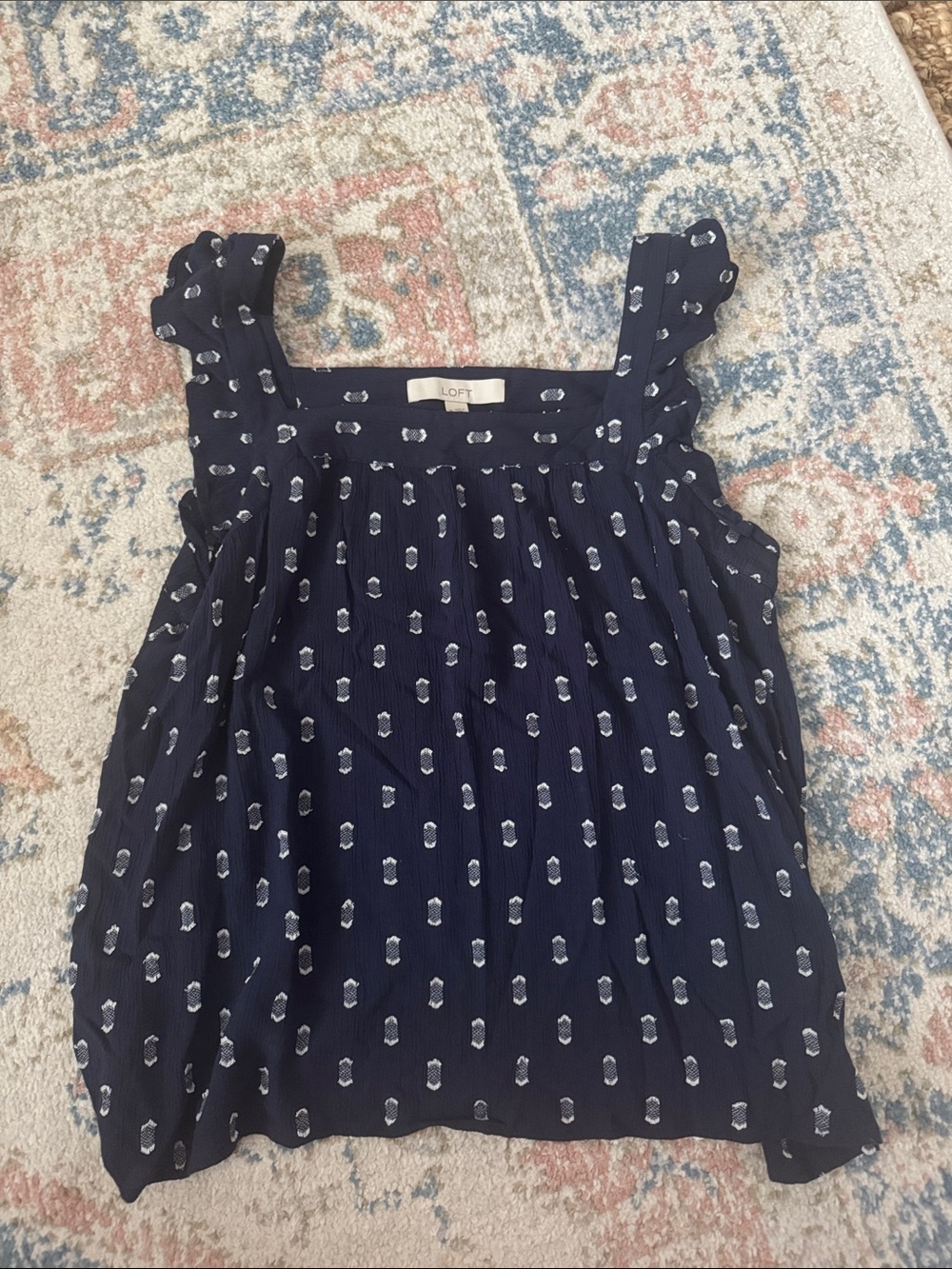 LOFT Navy Blue Printed Ruffle-Strap Tank Top